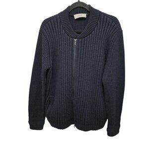 PRINGLE OF SCOTLAND 100% WOOL Navy Blue Ribbed Knit GRANPA CORE Full Zip Sweater